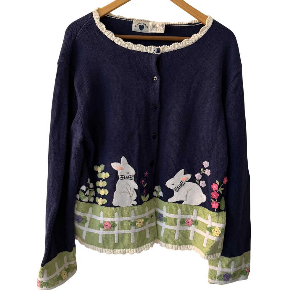 Hartstrings Cardigan Womens XL Navy Blue Excellent Bunny Garden Floral Knit